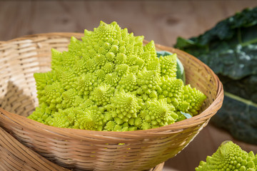 Romanesco broccoli on wooden table