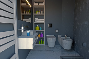Bagno moderno, arredamento completo di sanitari, doccia e supplementi di arredo. 3d rendering © Naeblys