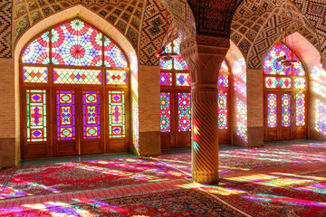 Naklejka na ściany i meble Islamic Republic of Iran. Shiraz. Nasir al-Mulk Mosque, the Pink Mosque located in Gawd-i Araban quarter, near Shah Cheragh Mosque. 09 March 2018