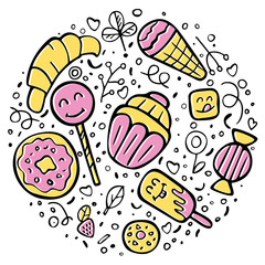 Vector illustration with candies and cakes. Cartoon design.