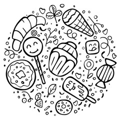 Black and white vector illustration with candies and cakes. Cartoon design.