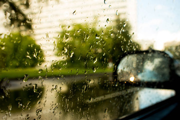 Raindrops on glass against a background of green leaves of trees