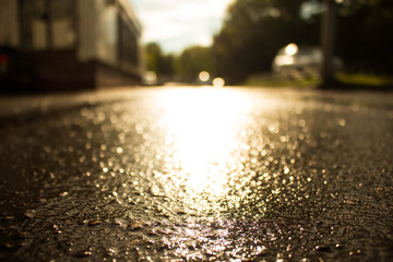 raindrops on the wet asphalt reflects the sun