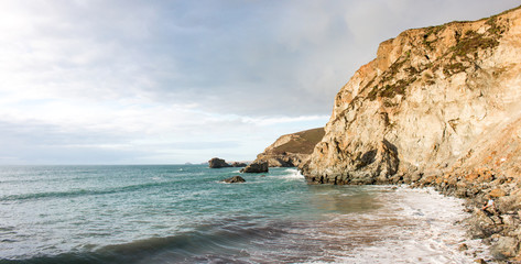 Landscape Panorama of Trevaunance Cove at High Tide St Agnes West Cornwall South England UK