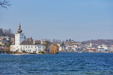 Naklejka premium Schloss Ort (or Schloss Orth) is an Austrian castle situated in the Traunsee lake, in Gmunden, the gate to Salzkammergut.