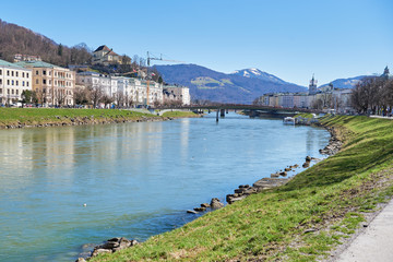 Fototapeta premium Beautiful panoramic view of the historic city of Salzburg with Salzach river in summer, Salzburg, Salzburger Land, Austria