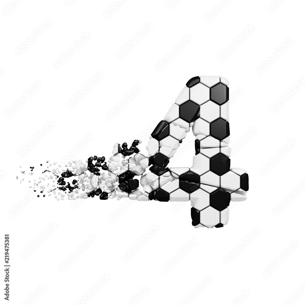 Fototapete broken shattered alphabet number 4. crushed soccer font made of football texture. 3d render isolated
