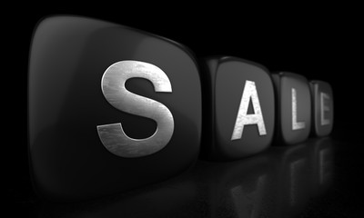 Sale text word on black glossy cubes 3D rendered with depth of field