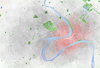 Mappa di Baghdad, vista satellitare, città, parchi e fiumi. Iraq, capitale