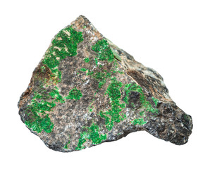 Uvarovite crystals on rough Chromite rock isolated
