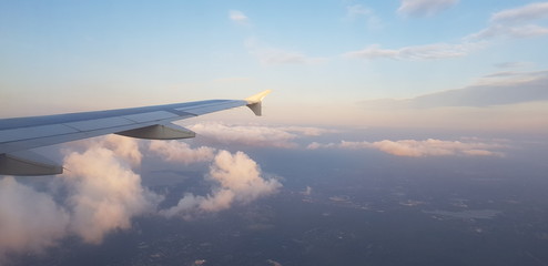 Fototapeta premium Aerial view of the city of Boston from the window if a plane. Wing