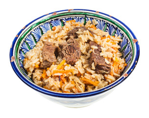 above view of plov in traditional ceramic bowl