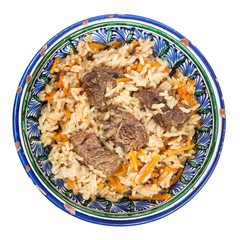 top view of plov in traditional ceramic bowl