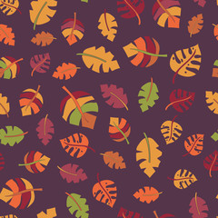 Autumn leaf seamless vector pattern. red, orange, green, and yellow hand drawn fall leaves on purple background. Foilage backdrop. Great for fabric, paper, Thanksgiving, web banner, kids decor, invite