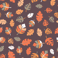 Fall leaves seamless vector pattern. Orange, white, and gray hand drawn autumn leaves on purple background. Foilage backdrop. Great for fabric, paper, Thanksgiving, web banner, kids decor, invite