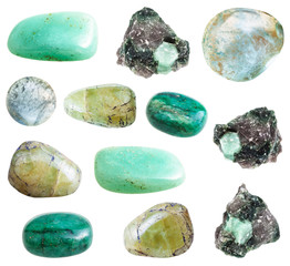 collection of green Beryl gemstones isolated