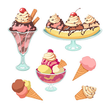 Set of ice cream. Vintage style, color.