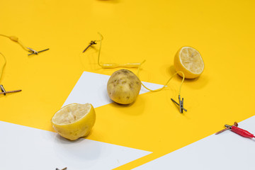 Potato battery STEM activity with potatoes, lemons, alligator clips, zinc and copper nails. Natural...