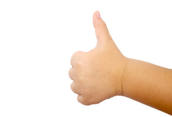 Kid hand with thumb up on white background