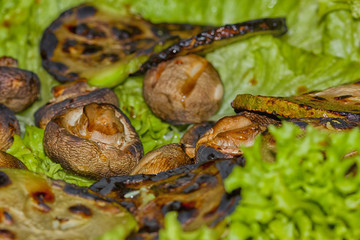 Grilled eggplant and champignon mushrooms lie on a green salad