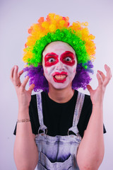girl in a bright image of a clown. emotional portrait of a student. costumed presentation of...