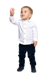 The little boy is emotionally waving his arms.