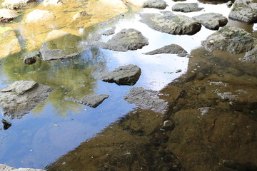 Natural stepping-stone at winter public park stream 