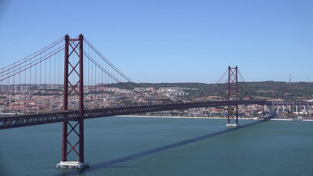 25 of April Bridge (Ponte 25 de Abril) – a suspension bridge over Tagus river. Lisbon. Portugal