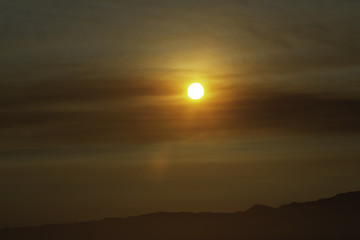 Sunset over the hills in Santa Monica beach in California