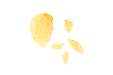 Top view of potato chips isolated on white background.