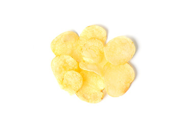 Top view of potato chips isolated on white background.
