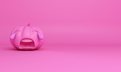 Cute crying cartoon of pink pastel pumpkin head jack  lantern, copy space text. Design creative for  happy Halloween festival, 3D rendering illustration.