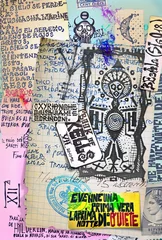 Foto op Canvas Alchimie. Collage van notities, manuscripten, tekeningen, symbolen en esoterische, astrologische, alchemistische en etnische schetsen © Rosario Rizzo
