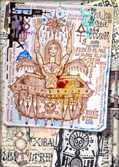 Gordijnen Alchimie. Collage van notities, manuscripten, tekeningen, symbolen en esoterische, astrologische, alchemistische en etnische schetsen © Rosario Rizzo