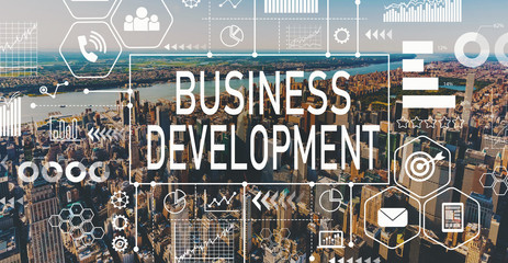 Business Development with aerial view of Manhattan, NY skyline
