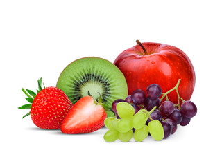 kiwi fruit,strawberry,grape and red apple isolated on white background
