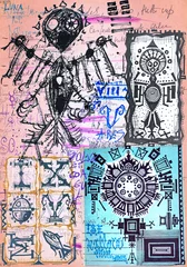 Gordijnen Alchimie. Collage van notities, manuscripten, tekeningen, symbolen en esoterische, astrologische, alchemistische en etnische schetsen © Rosario Rizzo
