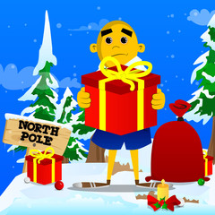 Yellow man holding big gift box. Vector cartoon illustration.