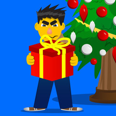 Yellow man holding big gift box. Vector cartoon illustration.
