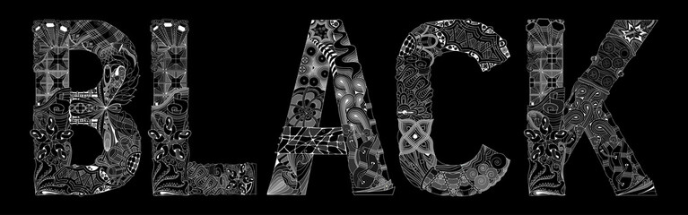 Word BLACK on black background. Vector decorative zentangle object