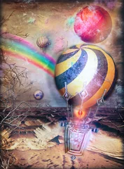 Gordijnen Fantastische heteluchtballonnen die in de woestijn vliegen met de regenboog © Rosario Rizzo