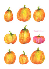 Rectangular autumn Halloween greeting card with a variety of watercolor pumpkins orange, green and pink on white background Happy Autumn