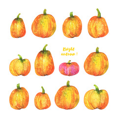 Square Autumn greeting card with a variety of watercolor pumpkins orange, green and pink on white background 
