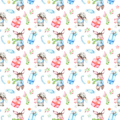 Christmas winter seamless pattern with hand painted watercolor illustrations of cute little animals mouse and bunny, presents and other decoration 