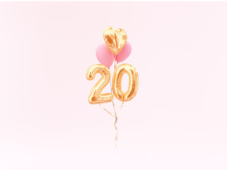 20 years old. Gold balloons number 20th anniversary, happy birthday congratulations. 3d rendering.