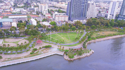 Naklejka premium Aerial view of Sriracha city ,Koh loy public park,Chonburi Thailand