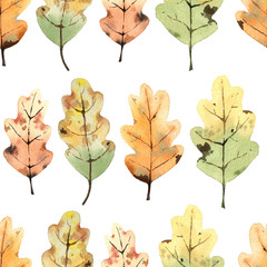 Pattern with watercolor oak leaves.