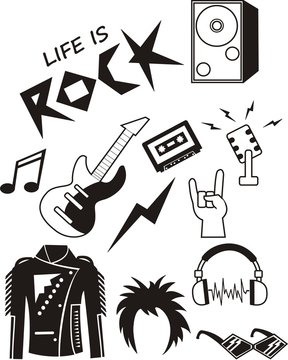 Set of rock and roll music elements on white background