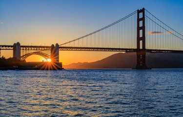 Starburst effect at sunset by the famous Golden Gate Bridge  in San Francisco California