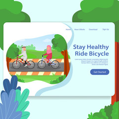 Healthy Life Landing Page Illustration Man and Woman Riding Bicycle Together